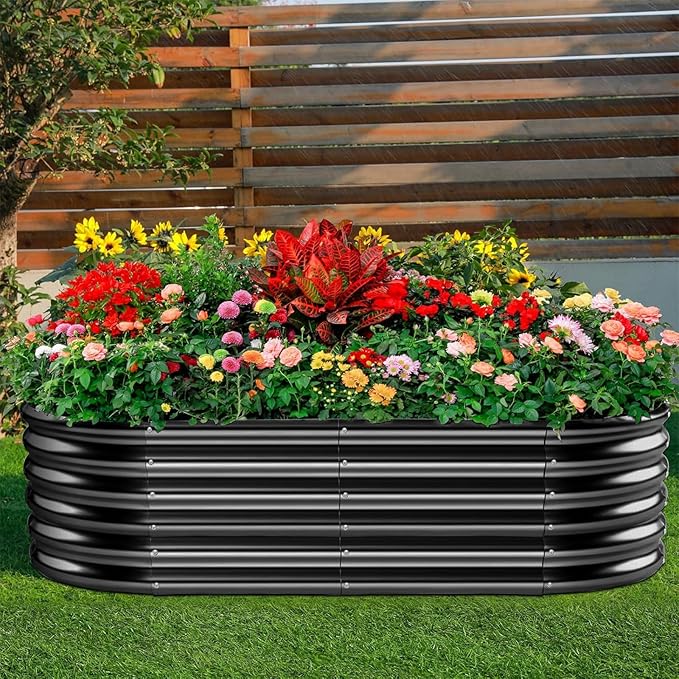 Land Guard 18“ Tall 4×2ft Galvanized Raised Garden Bed Kit Galvanized Planter Garden Boxes Outdoor Oval Large Metal Raised Garden Bed for Vegetables……… (Dark Grey 4×2×1.5ft)