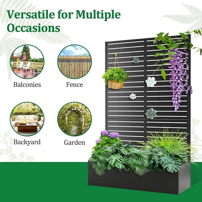 Metal Raised Garden Bed with Trellis 2 in 1 Trellis with Planter Box &amp Privacy Screen for Climbing Plants Vine Outdoor Standing Flower Beds with Drainage Holes 47 L x 17 W x 71 H Black