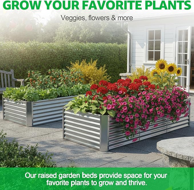8x4x2FT Galvanized Raised Garden BedOutdoor Planter Box Patio Kit Planting Bed for Vegetables Flowers HerbSilver 2 Pack