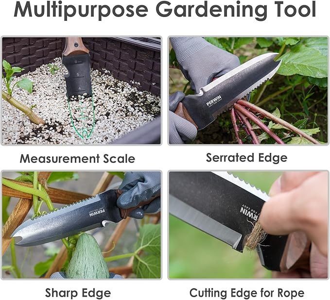 Hori Hori Garden Knife Garden Tools with Sheath for Weeding Planting Digging 7 Stainless Steel Blade with Cutting Edge Full-Tang Walnut Wood Handle with Hanging Hole