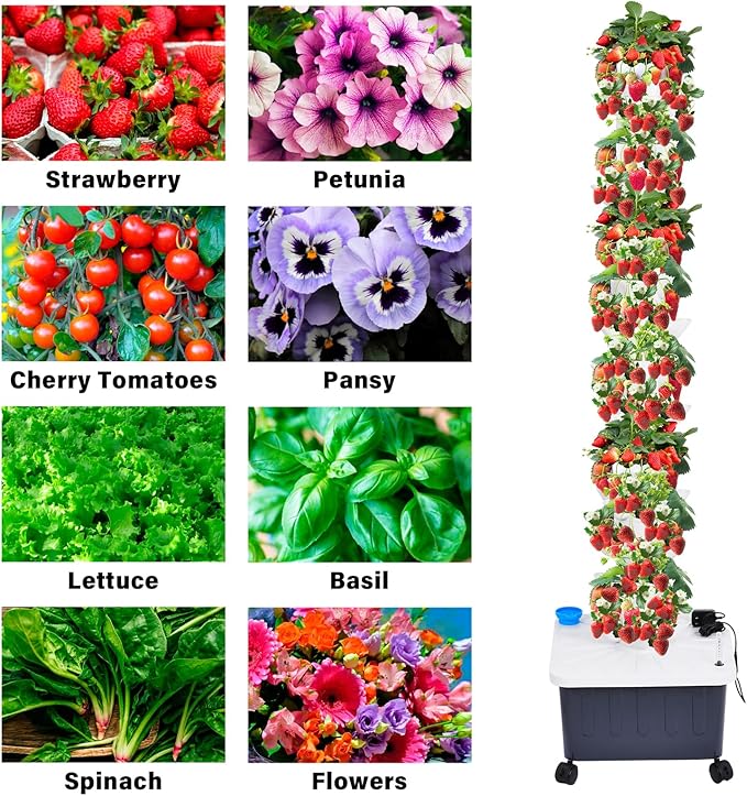 14-Layer 70 Slots Hydroponic Grow Tower Kit Vertical Indoor Outdoor Growing System with Movable Water Tank Water Pump Timer and Adapter for Vegetables Strawberries Lettuce &amp Plants