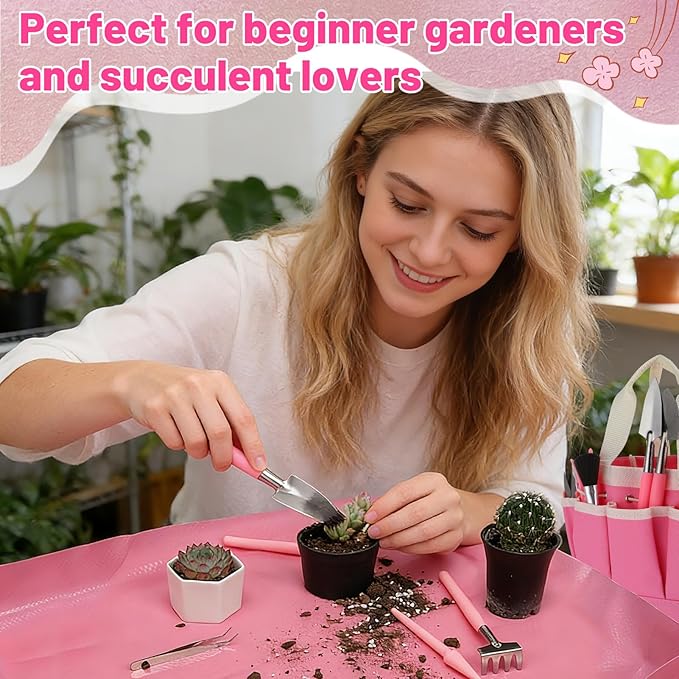 44pcs Small Gardening Tools Gifts for Women Beginners - Garden Hand Tools Set for Indoor Succulent Bonsai Plants Transplanting Included Bag/Repotting Mat/Shovel/Labels Pink