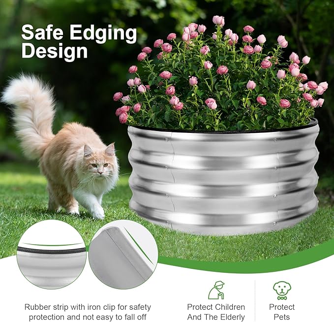 Galvanized Raised Garden Bed- 2Pcs Metal Planter Boxes Outdoor | 12 Tall 24 Round Steel Raised Bed Kit &amp Fire Pit Ring for Gardening with Protective Tape for Vegetables Flower (Sliver)