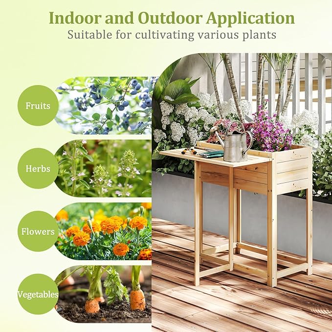 Giantex Wood Raised Garden Bed w/Folding Drop-Leaf Potting Table Planter Box for Flower Herb Vegetable Fruit Indoor Outdoor Elevated Raised Beds for Gardening Backyard Patio Balcony