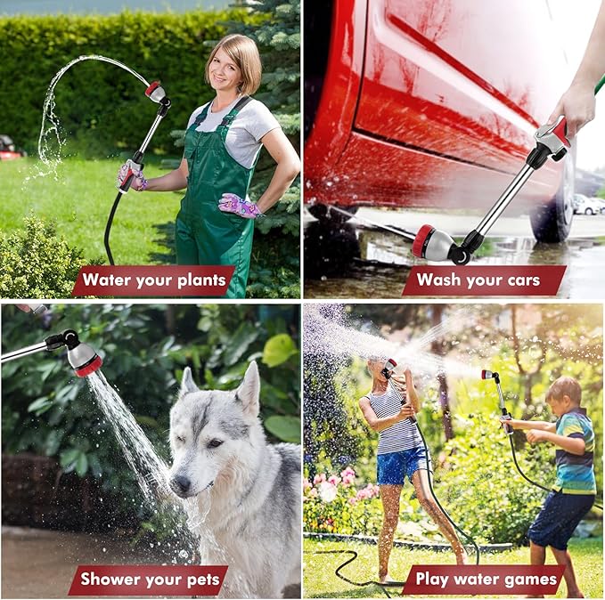 RESTMO Metal Watering Wand Heavy Duty Garden Hose Wand with 180° Swivel Ratcheting Head 16'' Hose Nozzle Sprayer with 7 Spray Patterns and Flow Control for Water Hanging Baskets and Shrubs Red