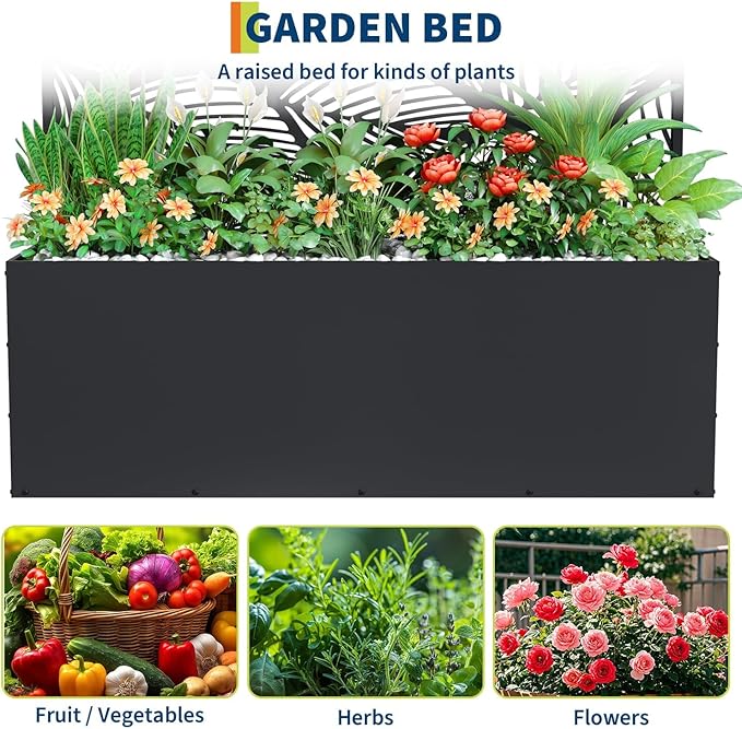 Garvee Metal Raised Garden Bed with Trellis 71x47x16 Metal Planter Box with Trellis Privacy Screen for Climbing Plants Vegetable Vines Drainage Holes 15.8 Deep Planting Bed Black