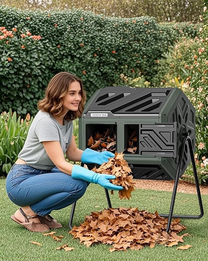 THEGROW'ING Updated 43 Gallon Compost Bin Outdoor Fast Assemble Tumbling Composter Dual Chamber Composter Tumbler Rotating Compost Bin for Outside Backyard Garden and Yard Green