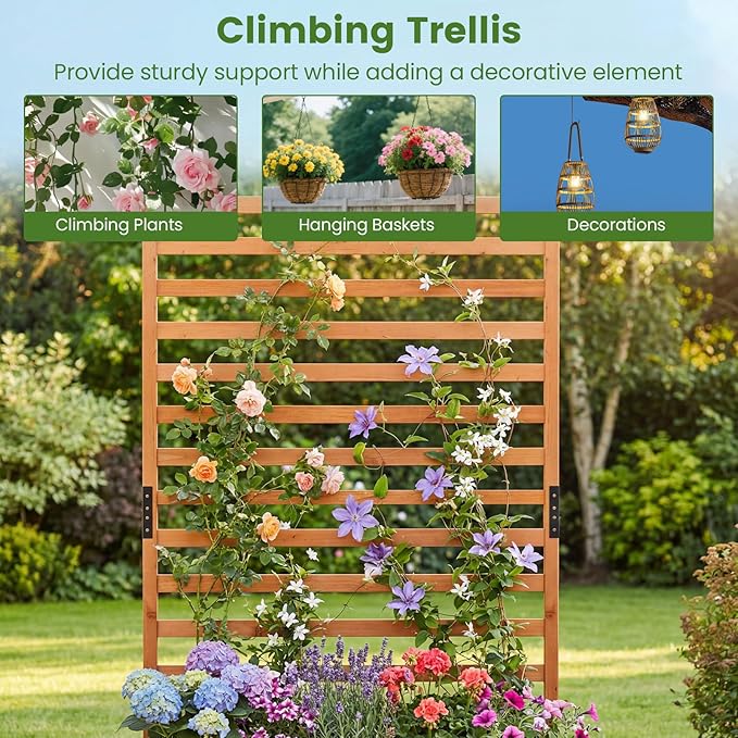 IRONMAX Raised Garden Bed with Trellis Wood Planter Box with Liner Drainage Gaps for Climbing Plants Vines Flowers Vegetables Outdoor Privacy Screen Planter for Patio Porch Backyard