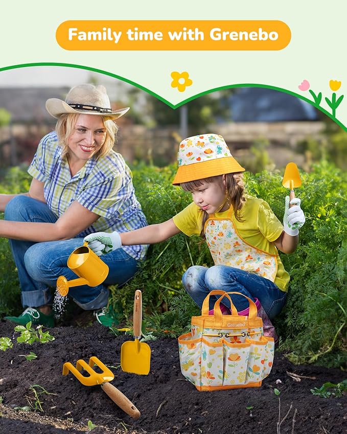 Kids Gardening Set ToysIncludes Metal TrowelTransplanting ShovelGarden hatRakeApronGlovesWatering Canand Tool Organizer Bag (Yellow)