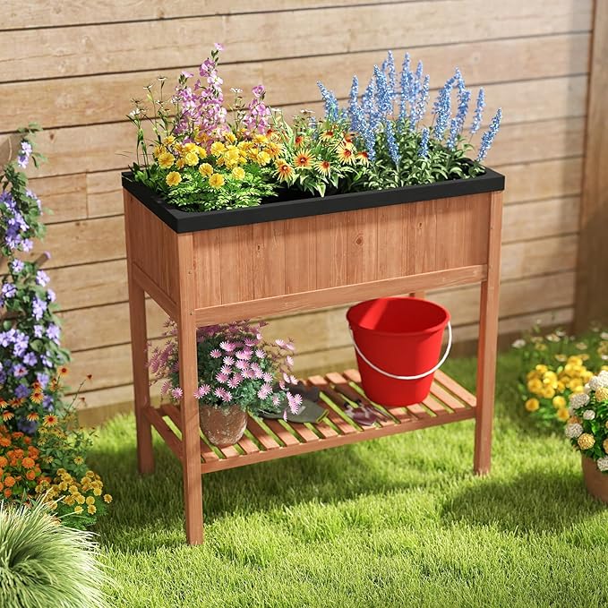 2-Tier Wooden Raised Garden Bed Elevated Planter Bed with Legs Liner &amp Storage Shelf for Vegetable Flower &amp Herb Outdoor Gardening Box for Backyard Patio Balcony 220 LBS Capacity