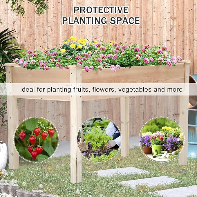 Fir Wooden Raised Garden Bed with Legs Elevated Planter Box Outdoor Growing Bed with Liner &amp Drain Holes for Vegetable Flower Herb 49Lx24Wx30H