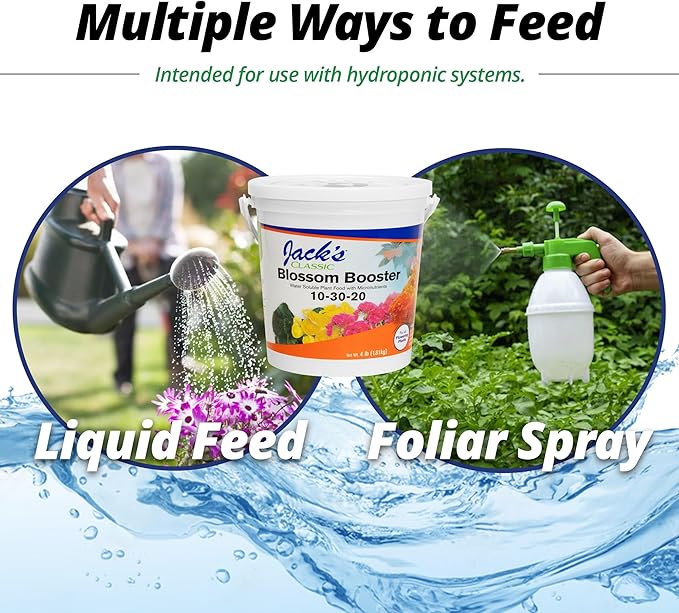 Jack's Classic 10-30-20 Blossom Booster Water-Soluble Fertilizer with Micronutrients for Increasing Color and Quantity of Blooms in Flowering Plants 4lbs
