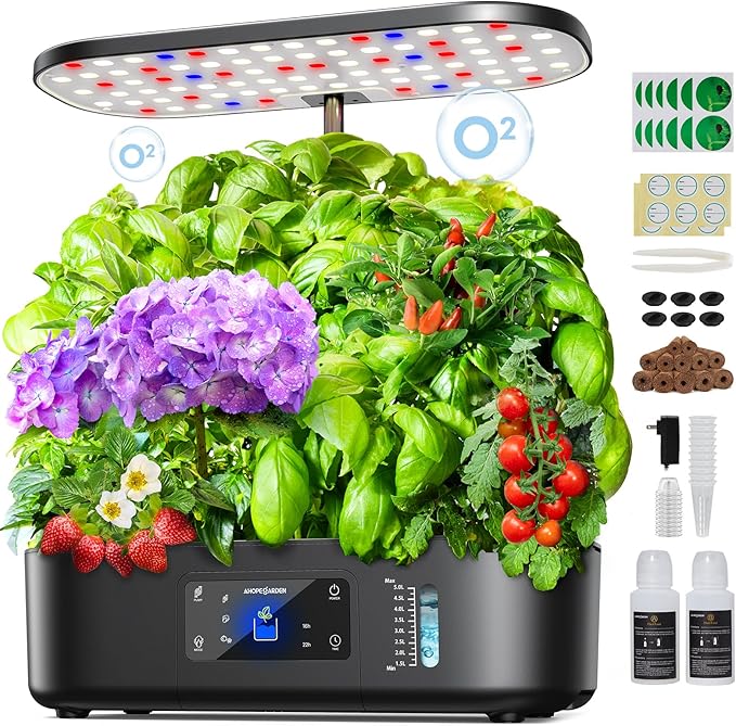 Ahopegarden Hydroponics Growing System Kit Indoor Herb Garden with Grow Light 12 Pods with LCD Touch Panel Hydroponic Planter Planting Height Up to 17 Grower Harvest Fresh Veggie Lettuce Black