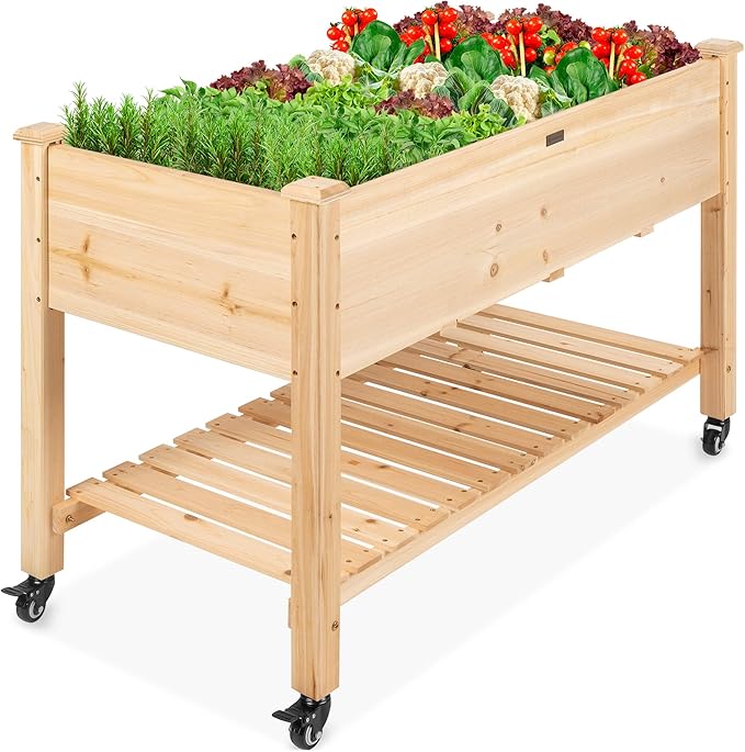 Best Choice Products Raised Garden Bed 48x24x32-inch Mobile Elevated Wood Planter w/Lockable Wheels Storage Shelf Protective Liner - Natural