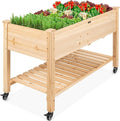 Best Choice Products Raised Garden Bed 48x24x32-inch Mobile Elevated Wood Planter w/Lockable Wheels Storage Shelf Protective Liner - Natural