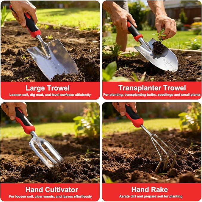 Yesker Gardening Tools 9-Piece Heavy Duty Garden Tool Set Gardening Supplies Gifts for Women Men Gardening Hand Tool Kit with Non-Slip Ergonomic Handle Garden Bag Durable Gloves Pruning Shears Red