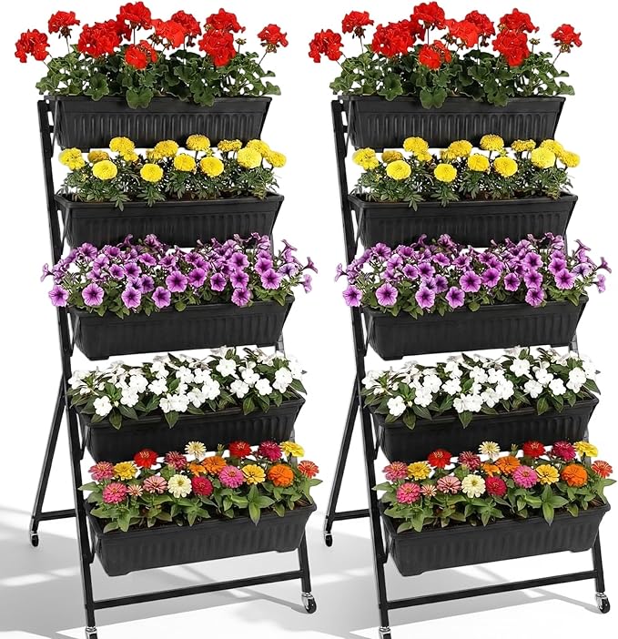 2 Pack 5 Tier Vertical Garden Planter with Wheels 4.5 ft Raised Garden Bed for Strawberry Herb Vegetable Flower Stackable Planter Boxes with Drainage for Patio Indoor Outdoor(Black)