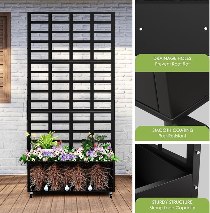 Metal Planter Box with Trellis for Climbing Plants 74.8x35.83x15.16 Raised Garden Bed with Privacy Screen Outdoor Planter with Drainage Holes Black