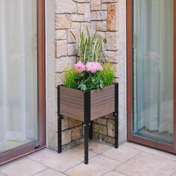 Everbloom Modular Elevated Wood Plastic Composite Planter Box in Brown 19 D x 17 W x 28 H –Architecturally Designed Premium Planter for Flowers Herbs &amp Veggies - Elevate Your Gardening Experi
