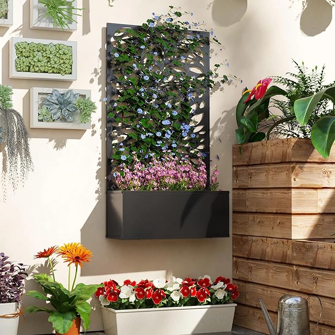 Metal Raised Garden Bed with Trellis Galvanized Planter Metal Planter Box with Trellis 24 L x 9.1 W x 44.5 H (Branch &amp Leaf)