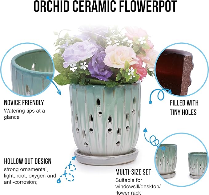 Handmade Green White Gradient Ceramic Planter Set (7.48×5.51 8.07×6.1) Indoor Outdoor Flower Pots for Orchids Succulents by Window Breathable Holes Lightweight