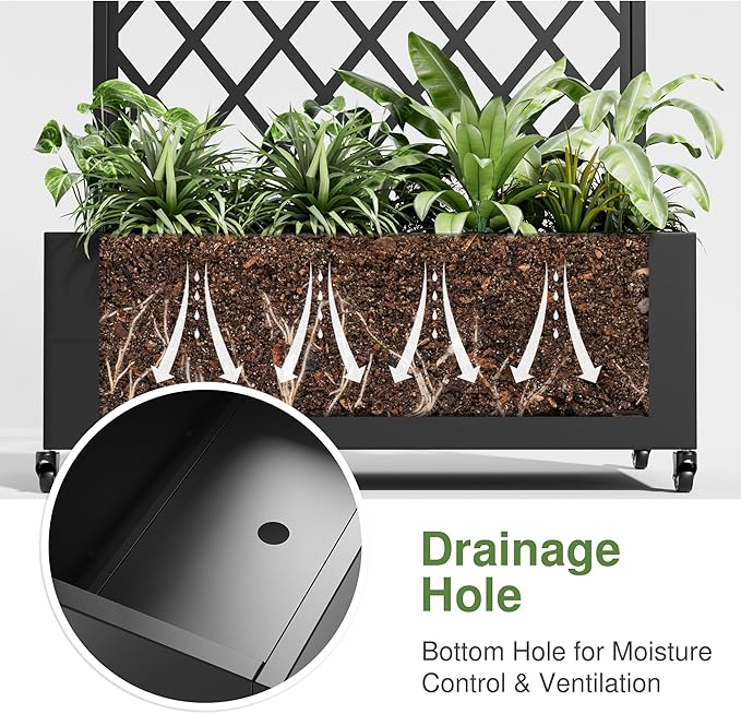 Casaphoria Metal Raised Garden Bed with Trellis and Wheels 72x35x16 Planter Box for Climbing Plants Vegetables &amp Vines Features Drainage Holes and Privacy Screen (Black-Rhombus)