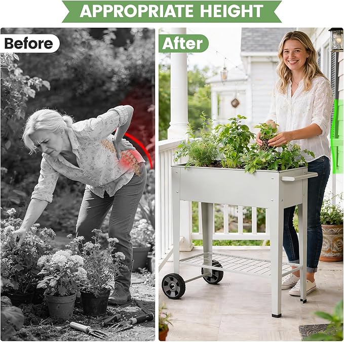 Tall Raised Garden Bed Outdoor with Wheels Metal Elevated Raised Planter Box with Drainage Holes for Vegetables Flower Herbs(Grey)