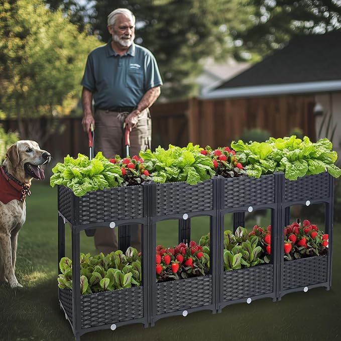 Outdoor Planting Box Double-Layer Planting Bed Garden Bed with Flower Rack for Growing Flowers Vegetables Tomatoes and Herbs – Perfect for Garden Patio Balcony (Double Black Large)