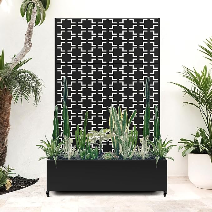 Metal Large Planter Box with Trellis Privacy Screen Outdoor Raised Garden Beds with Wheels for Climbing Plants Vines Outdoor Standing Flower Beds with Drainage Holes (47L Black Square)