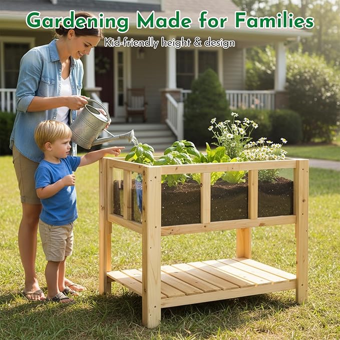 Raised Garden Bed with Transparent Acrylic Side Panels Elevated Wooden Planter Box with Shelf for Vegetables Herbs &amp FlowersOutdoor Raised Garden Planter for Patio Balcony &amp Backyard
