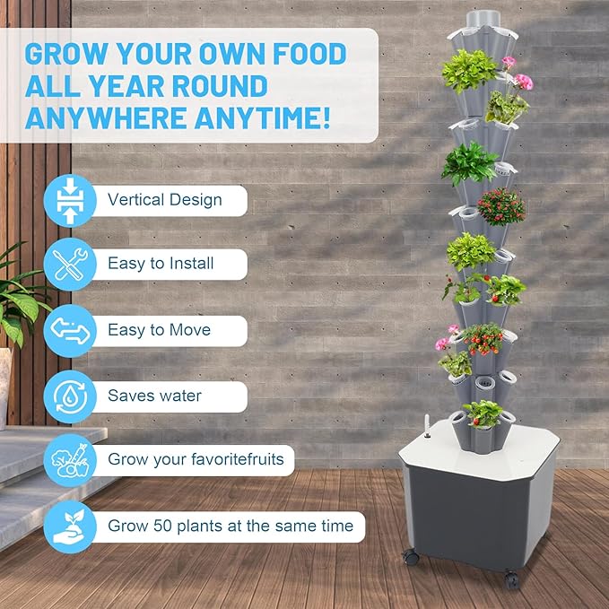 10 Layer Hydroponic Towers Growing System 50 Pods Hydroponic Grow Towers Kit with Water Pump and Movable 11.89Gal Water Tank Indoor/Outdoor for Vegetable Strawberries Lettuce (Grey)