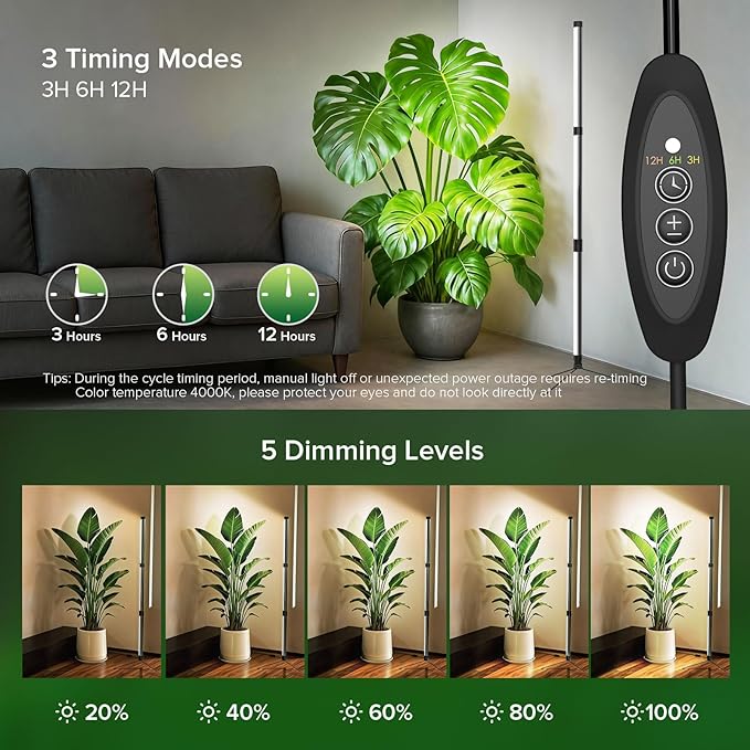 55W Standing Plant Grow Light for Indoor Plants Full Spectrum Grow Lights with Dimmer &amp Timer Plant Lights for Large Houseplants Indoor Garden Rack Balcony &amp Greenhouse