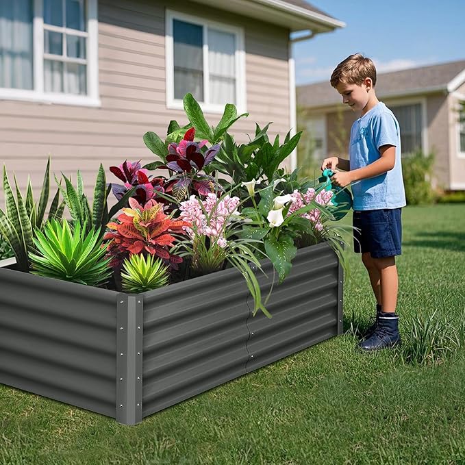 6x3x1.5 FT Galvanized Raised Garden Beds Large Raised Beds for Gardening Above Ground Garden Bed Outdoor Metal Planter Boxes Outdoor for Vegetables Flowers Fruits Dark Grey 2 Pcs
