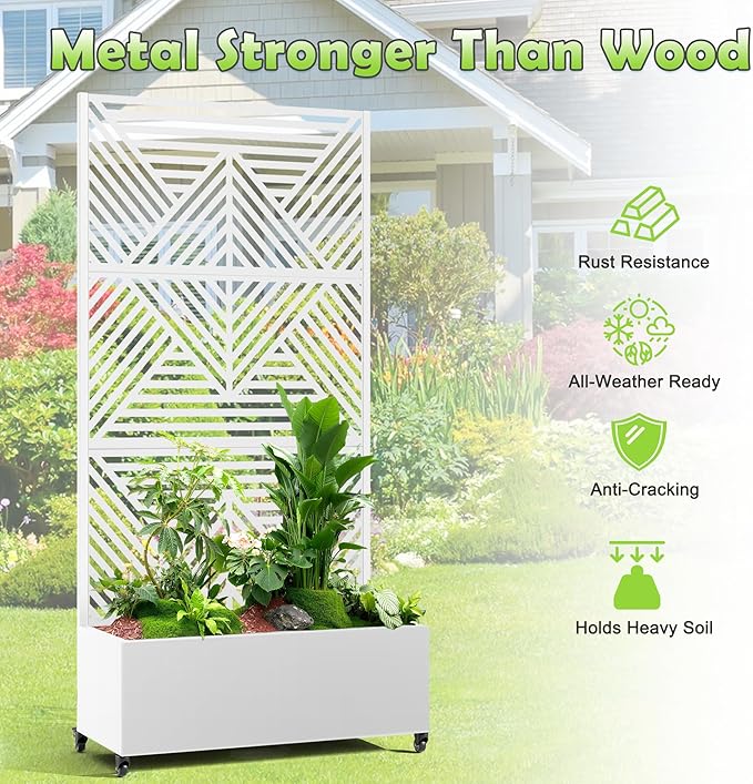 15.7×70.9×35.4 Metal Raised Garden Bed with Trellis and Wheels - Tall Trellis Planter Box for Climbing Plants Vegetables &amp Vines - Outdoor Privacy Planters for Patio (White-Zodiac)