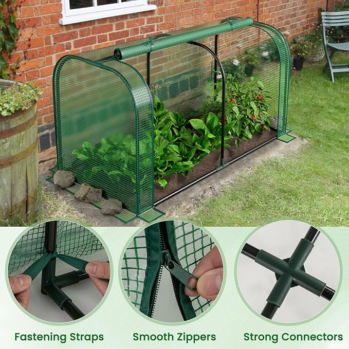 Giantex Raised Garden Bed with Cover Wood Elevated Planter Box with Legs &amp Mini Greenhouse Waterproof Sun-Protective PE Green House Cover Outdoor Use for Fruit Vegetable Flower Herb (Green+Natu