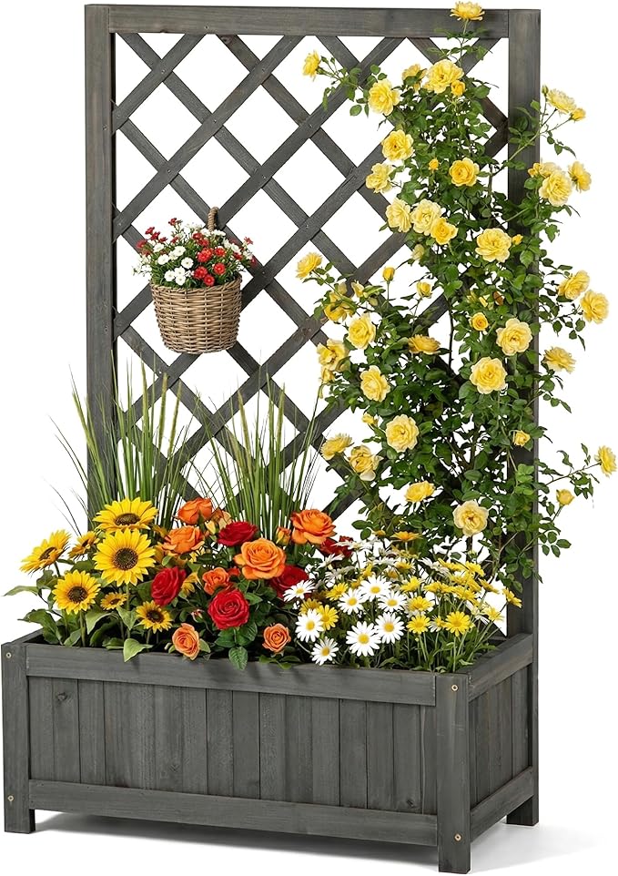 Wooden Raised Garden Bed with Trellis 40 Outdoor Planter Box for Climbing Plants Vertical Modern Gray Garden Planter for Vegetables Flowers &amp Vines Lattice Plant Support for Patio Yard Balcon