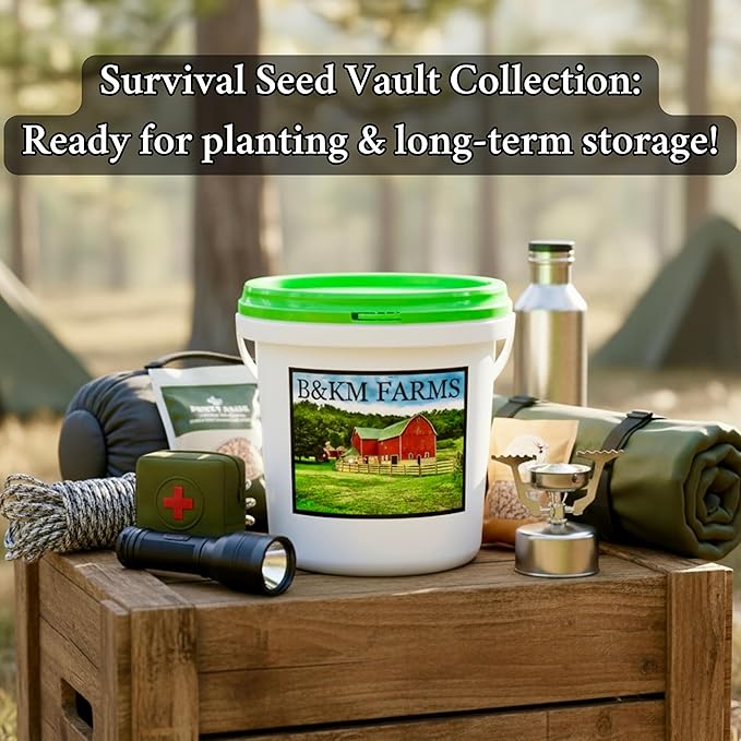 Survival Seed Vault: 50 Varieties 50000+ Non-GMO Heirloom Seeds - 5+ Year Supply in Secure Bucket + Growing Guide by B&ampKM Farms