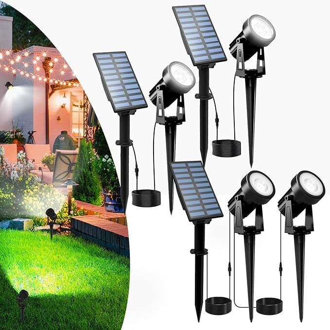 T-SUNUS Solar Landscape Spotlights White 6000K IP65 Waterproof Spot Lights 9.8ft Cable Outdoor Separated Panel for Yard Garden Driveway Porch Walkway Pool Patio