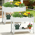 YITAHOME 43.3x17.7x34 in Elevated Garden Bed 2pcs Outdoor Plastic Planter Box with Wheels Legs Drain Plug and Storage Shelf for Plants Vegetables Flowers Herbs Grayish-White
