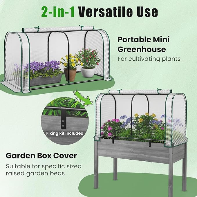 Giantex Raised Garden Bed with Cover Wood Elevated Planter Box with Legs &amp Mini Greenhouse Waterproof Sun-Protective PE Green House Cover Outdoor Use for Fruit Vegetable Flower Herb (White+Gray
