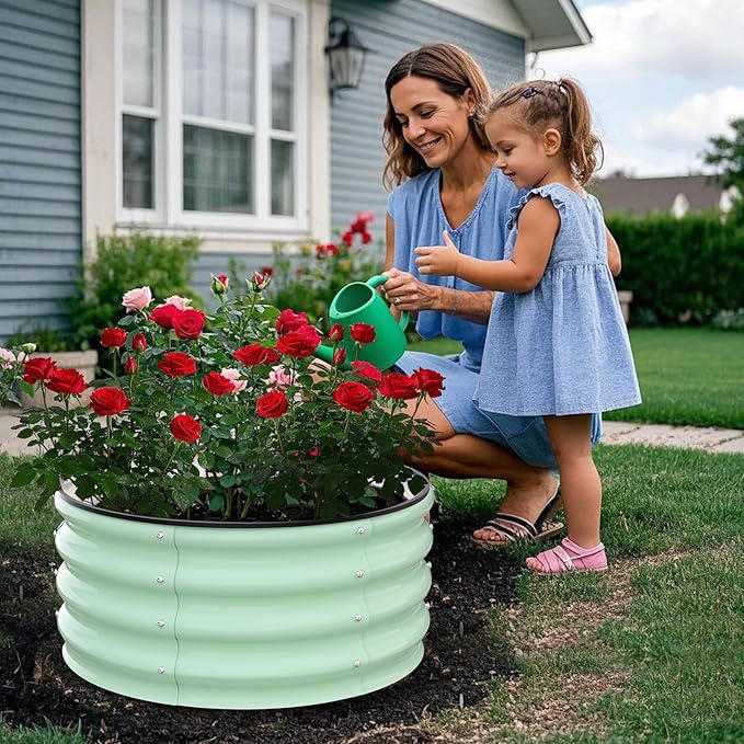 GarveeLife Raised Garden Beds Outdoor 2 Pack 2x2x1 ft Galvanized Raised Garden Bed for Gardening Round Metal Planter Box for Planting Plants Vegetables and Flower Green