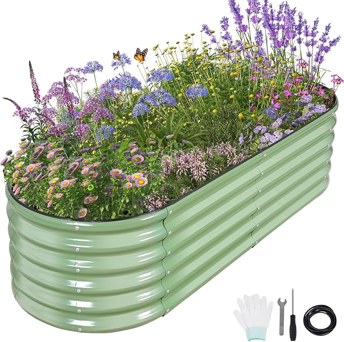 Galvanized Raised Garden Bed Outdoor- Raised Beds for Gardening| Metal Planter Box Steel Raised Garden Bed Kit with Safety Edging and Gloves for Vegetables Flower Herbs (6x2x1.4FT Green)