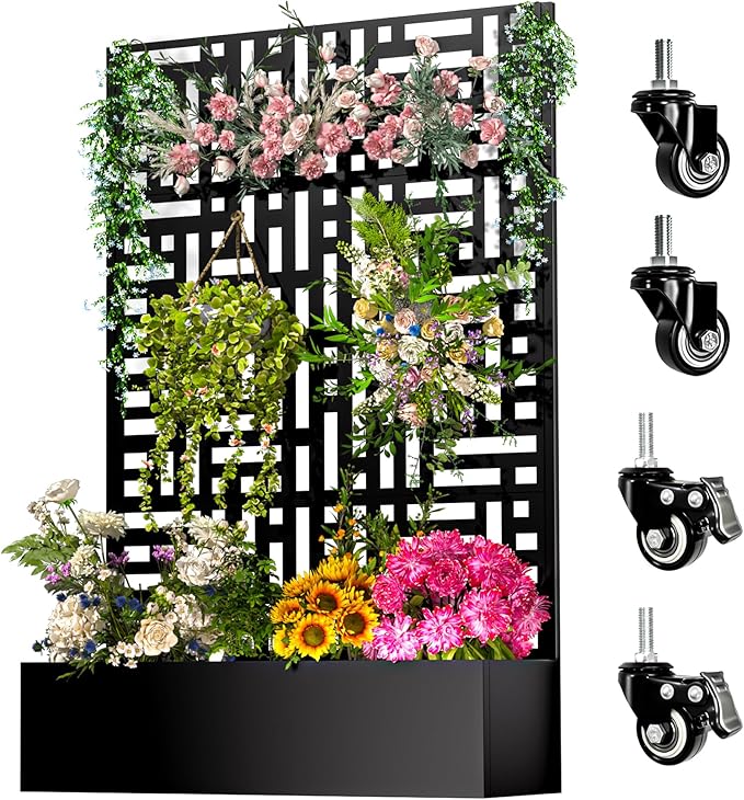 Metal Planter Box with Trellis72x47x16Galvanized Steel Outdoor Raised Garden Bed with Privacy Screenwith Drainage Holes &amp Lockable Casters for Climbing PlantsVegetablesand Vines(-JD)
