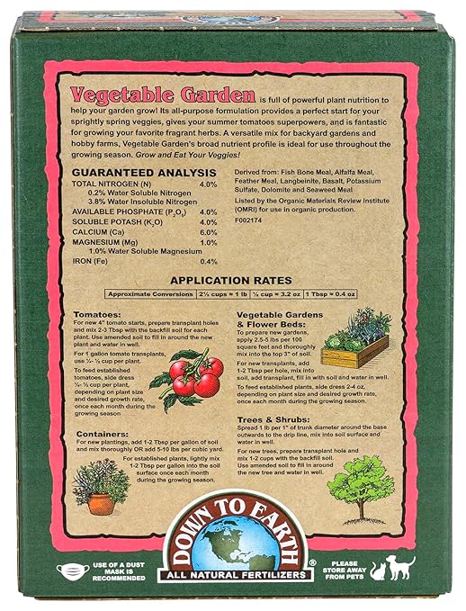 Down To Earth All Natural Fertilizers Organic Vegetable Garden - Plant Food for Vegetables Herbs Greens and Raised Beds 4-4-4 5 lb