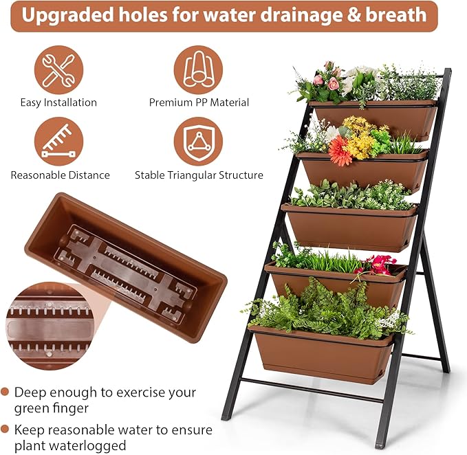 Giantex Vertical Planter Raised Bed Elevated Garden Beds with Water Drainage Hole Freestanding 5 Container Boxes for Herb Vegetables Flowers Growing Outdoor Indoor Patio Balcony (Brown 1)