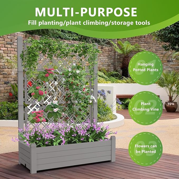 Raised Garden Bed with Trellis for Climbing Plants Outdoor Planter Box with Drainage Eco-Friendly Material for Patio Balcony Yard Dust-Resistant (Gray43.43 * 18.27 * 59.29)