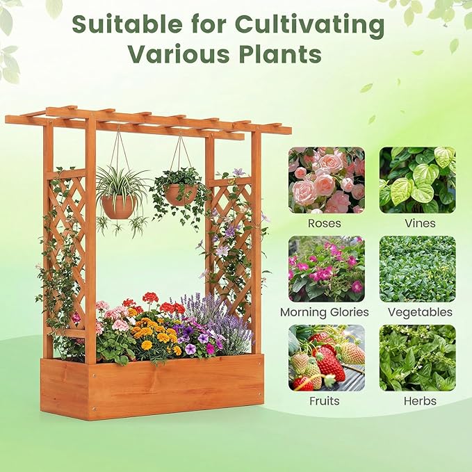 Raised Garden Bed with Trellis Wood Planter Box w/Trellis Hanging Roof Drainage Holes Freestanding Planter Raised Bed for Outdoor Climbing Plants Flowers Patio Yard Balcony (2 Orange)