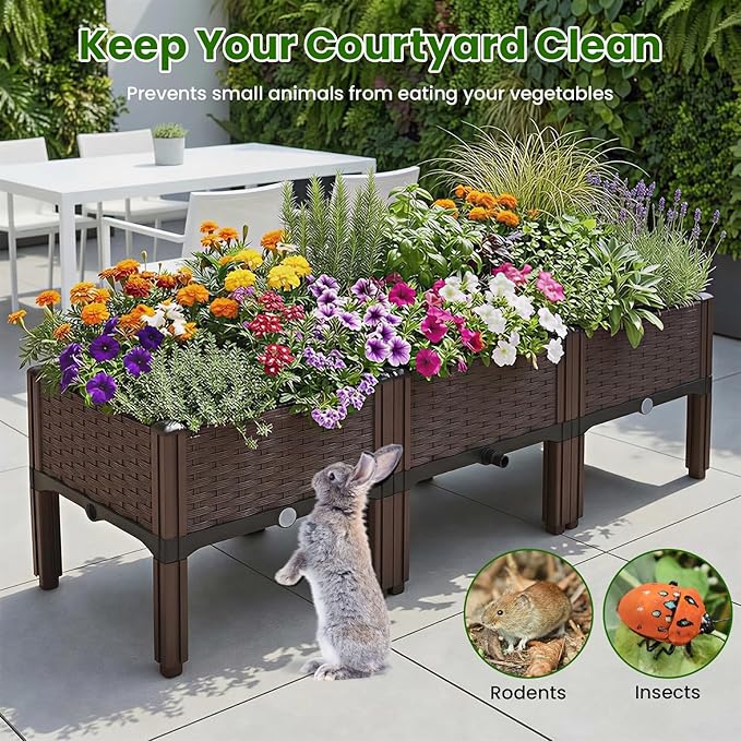 4Pcs Plastic Raised Garden Bed62.4×15.6×14.4 Elevated Wicker Planter Box with Self-Watering System Plants Garden Boxes with Legs for Growing Fresh VegetablesFruitFlowers and Herbs