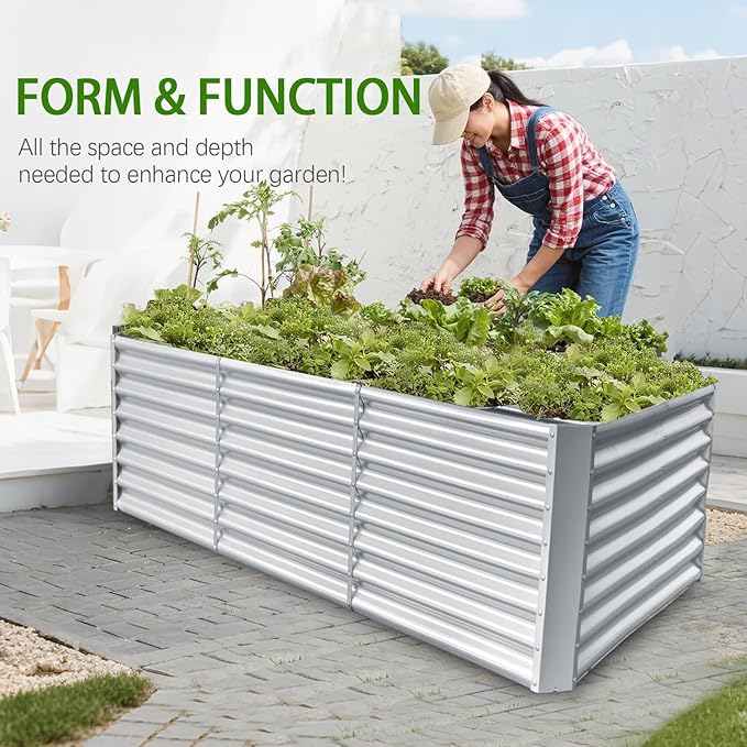 8x4x2ft Galvanized Raised Garden Bed Planter Raised Garden Boxes Outdoor Large Metal Raised Beds for Gardening Garden Bed for Vegetables Flowers Herb Silver