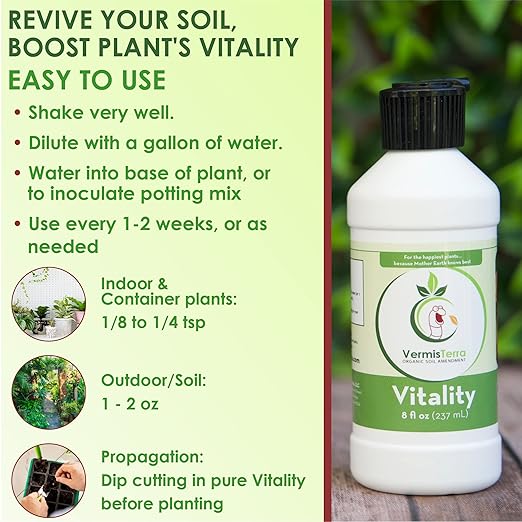 VermisTerra Vitality 16 oz - Growth Accelerator Energy Booster Seedling Fertilizer Organic Plant Food Promote Rapid Growth All Plants Root Cuttings Will Not Burn Reduces Transplant Shock